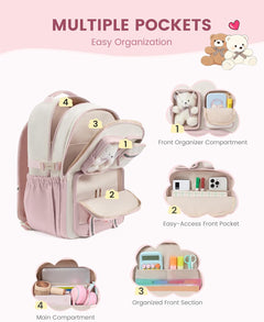 Cute School Backpack for Girls Ages 8-14, Bookbag with Plush Bear & Clear Display Pocket, Fits 15.6 Inch Laptop & 40Oz Tumbler, Back to School Backpack for Elementary & Middle School