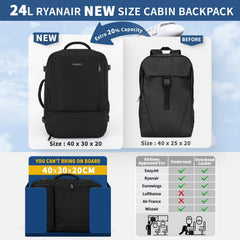 New Ryanair Cabin Bags 40X30X20, 24L Water-Resistant Travel Backpack with Shoe Compartment, Underseat Travel Bag Carry on 15.6-Inch Laptop Backpack, School Work Rucksack for Men Women, Black