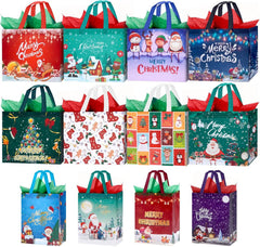 Festive 12-Pack Christmas Bags with Tissue Paper - Reusable Tote with Handles for Holiday Treats & Party Favors!