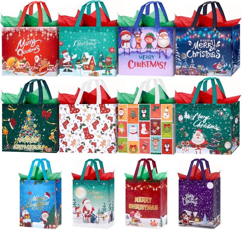 Festive 12-Pack Christmas Bags with Tissue Paper - Reusable Tote with Handles for Holiday Treats & Party Favors!