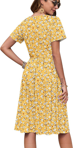 Women'S Summer Short Sleeve Dresses with Midi Empire Causal V Neck Pleated Dress with Pockets