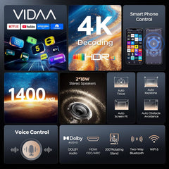 Projector 4K with VIDAA Os【Netflix Included & Live Channels】36W 3D Dolby Audio, 1400 ANSI FHD 1080P, HDR 10  Smart Home Cinema Projector, AI Auto Image, Wifi 6, Bluetooth Projectors for Bedroom