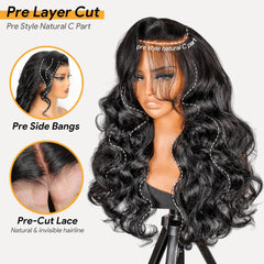 22 Inch 200% Density 6X6 HD Lace Closure Glueless Wig Human Hair Pre Side C Part Loose Body Wave Brazilian Human Hair Wig with Fringe for Women Layered Cut Wear and Go Glueless Human Hair Wig