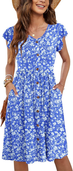 Women Summer Dresses V Neck Ruffle Sleeve Casual Swing Elastic Waist Midi Dress with Pockets