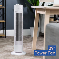 29" Inch, Lightweight, Tower Fan, 3 Speeds, 75° Oscillation, Powerful Airflow, Quiet Operation, Timer, Perfect for Home or Office, White- RHTF2923W
