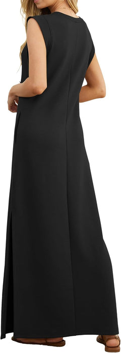 Womens Summer Maxi Dress Casual Shirt Dresses Elegant Styles Basic Sleeveless Maxi Dresses for Women UK with Split and Pockets