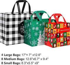 20 Pack Christmas Bags Assorted Sizes, Reusable Non-Woven Christmas Tote Bags with Handle, Perfect for Gift Wrap/Party Favor Supplies (4 Extra Large 8 Large 8 Medium)