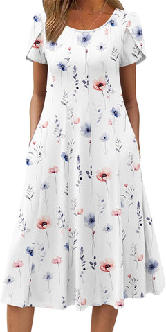 Womens Summer Dresses Short Sleeve Midi Dress Crew Neck Ladies Dress Casual Swing Dress with Pockets S-XXL