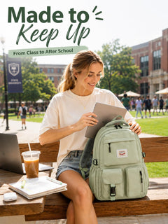 Lightweight School Backpack Womens, Cute School Bag for Teenager Girls, 15.6 Laptop Rucksack Backpack for School Casual Daypacks Travel Backpack for College Work Green 25L