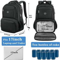 17 Inch Laptop Backpack with Lunch Compartment, TSA Large Travel Rucksack for Men Women with Laptop Compartment, Water Resistant Work Bag with Padded Straps for School Backpack, Black