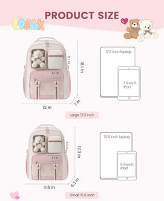 Cute School Backpack for Girls Ages 8-14, Bookbag with Plush Bear & Clear Display Pocket, Fits 15.6 Inch Laptop & 40Oz Tumbler, Back to School Backpack for Elementary & Middle School