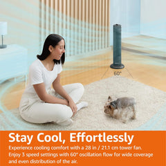 28" (71 Cm) 60-Degree Oscillating Tower Fan for Bedroom, Living Room, Office, with 3 Speeds, Intuitive Mechanical Control, Matte Black, 35W, 27.8" X 9.4" X 9.4" (71 Cm X 24 Cm X 24 Cm)