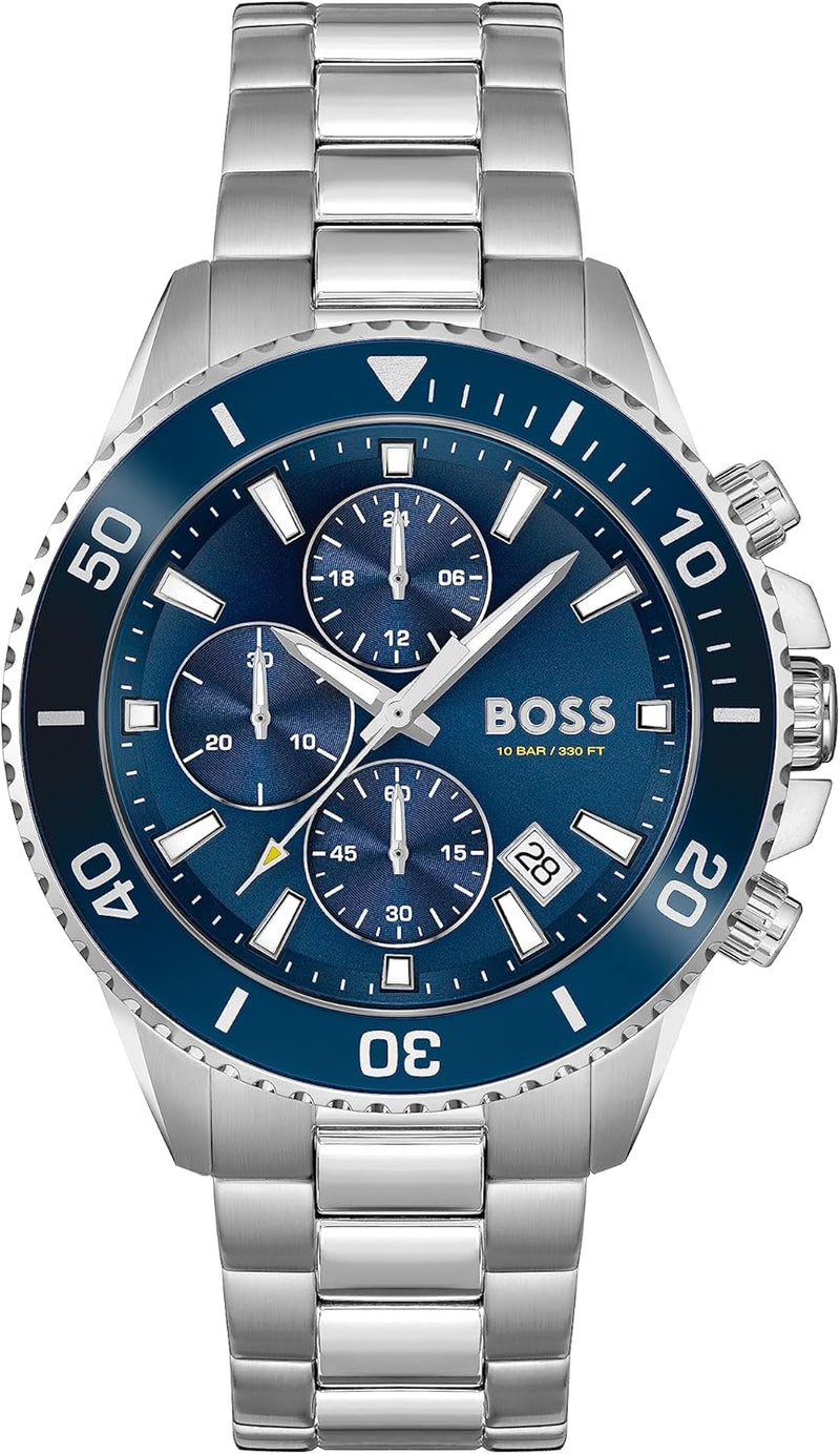 BOSS Men'S 45Mm Chronograph Quartz Watch Admiral Collection with Stainless Steel, Silicone or Ocean Plastic Textile Strap, Date Fuction and 3 Sub-Dials