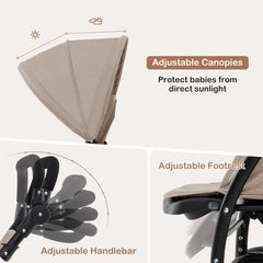 Double Pushchair with Adjustable Backrest and Sunshade
