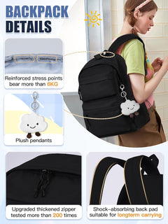 Backpack Womens School Bag Girls Boys, Lightweight Water-Resistant Fits 15.6” Laptop Large Capacity Rucksack with Anti-Theft Pocket, Ideal for School College Commuting Travel Black