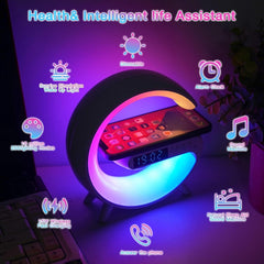 Wireless Charging G Shape Table Lamp & Atmosphere Night Light with Alarm Clock - Perfect Gift for Any Occasion!