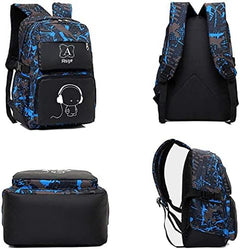 School Bags for Teenage Boys Camo Casual Backpacks Luminous Unisex Kids Rucksack Travel Canvas Daypack College Bookbag Waterproof Lightweight Student Back Pack Sling Shoulder Backpacks Set