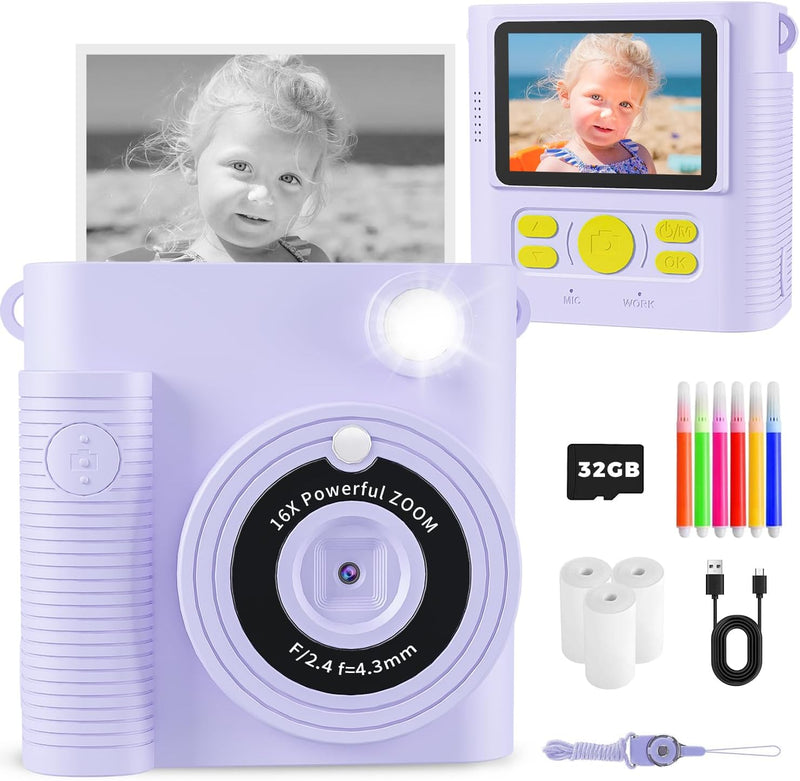 Kids Camera Instant Print,1080P HD Digital Camera for Girls & Boys, Safe Inkless Printing Toys Gifts,32Gb SD Card & 3 Rolls Paper, Birthday Christmas New Year'S Gifts for Ages 3-12