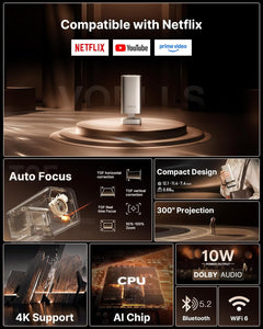 Smart Mini Projector 4K [Netflix Included & 1800 ANSI]  TOF Auto Focus & Keystone Dolby Audio Projector for Bedroom, Full HD 1080P Wifi6 Bluetooth Home Movie Outdoor Portable Projectors