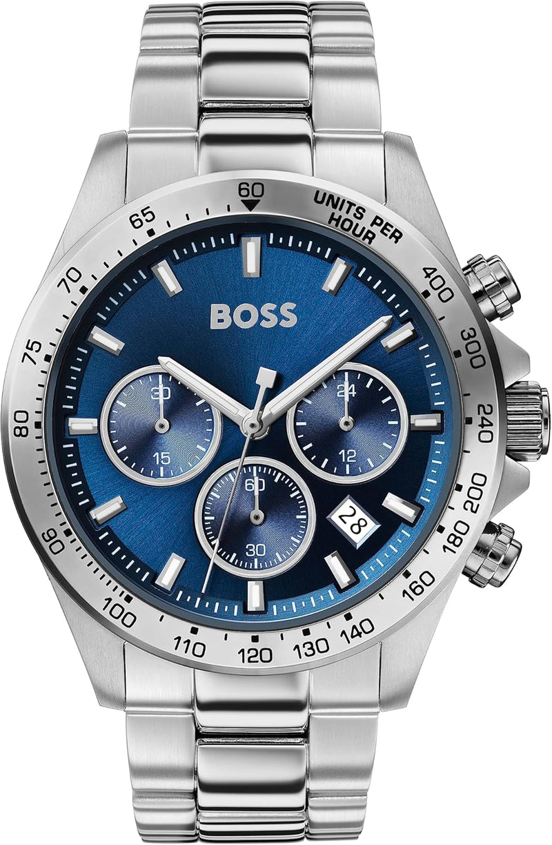 BOSS Men'S 43 Mm Chronograph Quartz Watch Hero Collection with Stainless Steel Bracelet Link or Mesh, Date Function, 3 Sub-Dials, 5ATM Water Resistant