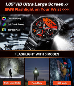 Smart Watch for Men Answer/Make Calls 800Mah Big Battery 1.85" HD Large Roun Dial Male Smartwatch for Ios Android with Flashlight/Heart Rate/Sleep/Spo2 Monitor,100+ Sports Modes,Black Steel