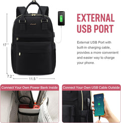 Laptop Backpack Womens, 15.6 Inch School Bags for Women Waterproof Computer Rucksack with USB Port for Travel Business College Work, Black