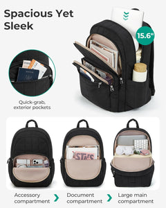 Travel Backpack for Women, 15.6" College Laptop Backpack, Black | Fits 15.6" Laptop, Personal Carry-On Size with Trolley Sleeve, Quilted Style for College Nurse Teacher, Water-Resistant