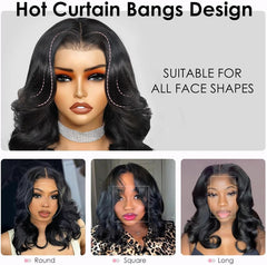 Human Hair Wig 250 Density Layered Bob Wig Human Hair with Curtain Bangs 15A 6X6 Face-Framing Wear Go Glueless Wigs Pre Plucked Pre Cut Loose Body Wave Glueless Wig Human Hair 14 Inch