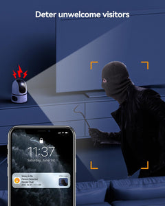 Dual-Lens 2K+2K Indoor Security Camera, House Security Camera 360°Full Coverage, Pet Baby Camera with APP, Color Night Vision, Human/Pet/Sound/Motion Detection, Siren Spotlight, 2.4Ghz Only