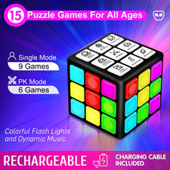 Rechargeable Handheld Game Cube - 15 Engaging Brain & Memory Games with Score Screen - Perfect Cool Toy for Kids Aged 6-12+ | Ideal Christmas & Birthday Gift (Black)