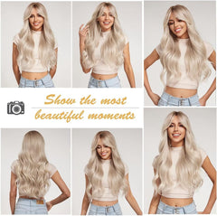 Long Wavy Blonde Wigs for Women Natuaral Synthetic Hair Heat Resistant Ombre Wig for Daily Party Cosplay Use