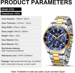 Mens Watches Chronograph Stainless Steel Analog Quartz Watch Waterproof Men'S Wrist Watches Business Casual Fashion Watch for Men
