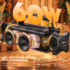 60W Peak Portable Bluetooth Speaker - 30W RMS, IPX6 Waterproof, 24H Playtime, EQ, AUX, TF Card & USB Playback - Perfect for Home, Parties & Camping