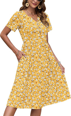 Women'S Summer Short Sleeve Dresses with Midi Empire Causal V Neck Pleated Dress with Pockets