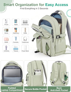 Lightweight School Backpack Womens, Cute School Bag for Teenager Girls, 15.6 Laptop Rucksack Backpack for School Casual Daypacks Travel Backpack for College Work Green 25L