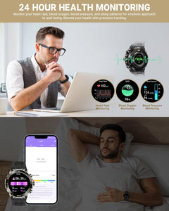 Smart Watch for Men Answer/Make Call for Android Iphone, 1.43" AMOLED HD Screen Mens Luxury Watch, 400Mah Heavy Duty Smartwatch Heart Rate Blood Oxygen Blood Pressure Sleep Monitor Pedometer, 2 Straps
