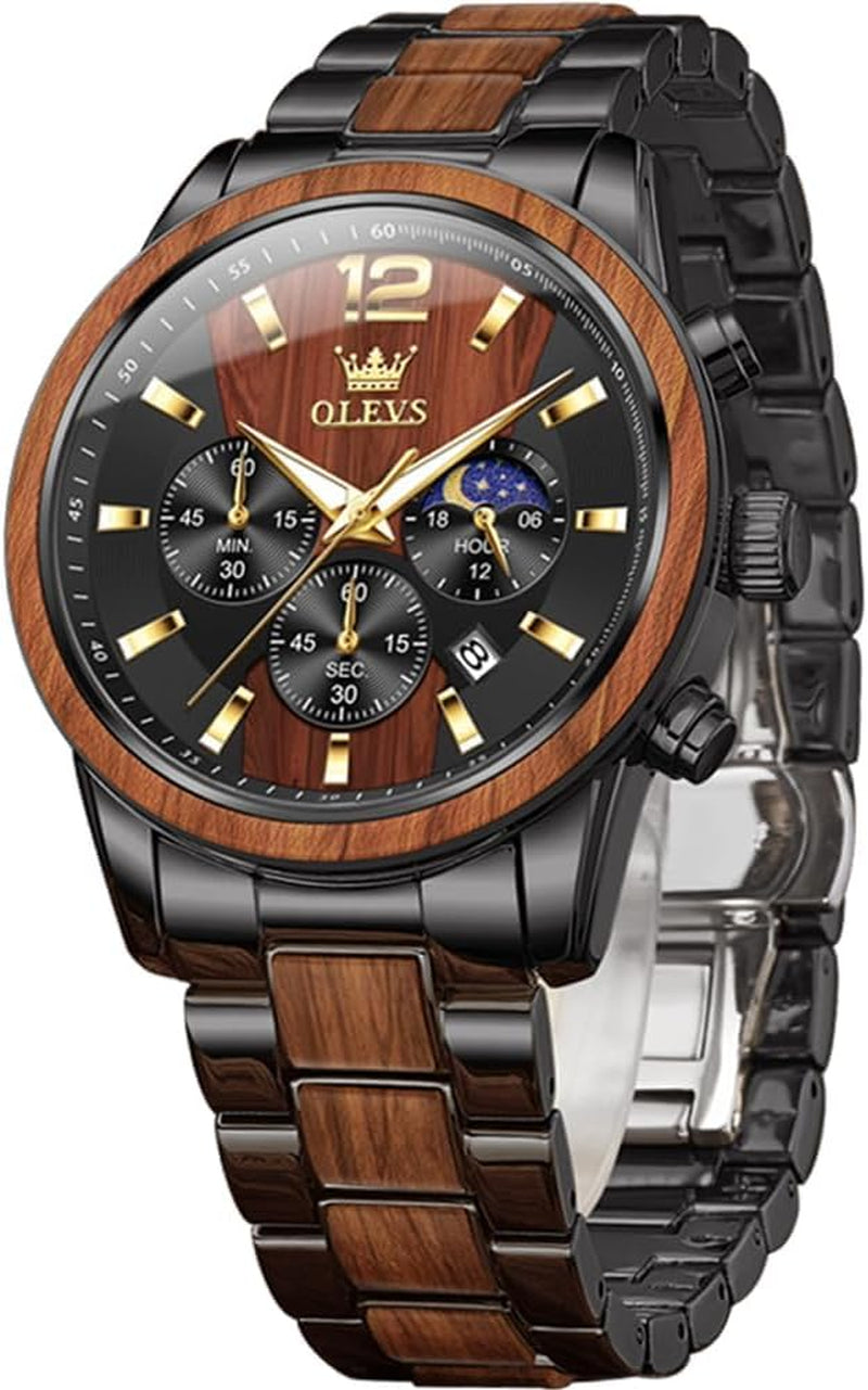 Mens Wooden Watch Analog Quartz Stainless Steel Wirst Watches Luxury Dress Chronograph Waterproof Luminous Watches for Men Gift