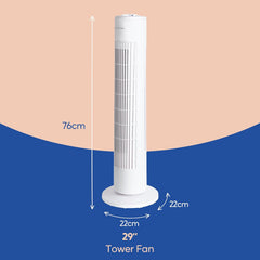 29" Inch, Lightweight, Tower Fan, 3 Speeds, 75° Oscillation, Powerful Airflow, Quiet Operation, Timer, Perfect for Home or Office, White- RHTF2923W