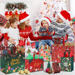12-Pack Reusable Christmas Tote Bags with Tissue Paper - Extra Large, Large & Medium Non-Woven Gift Bags for Holiday Parties & Decorations