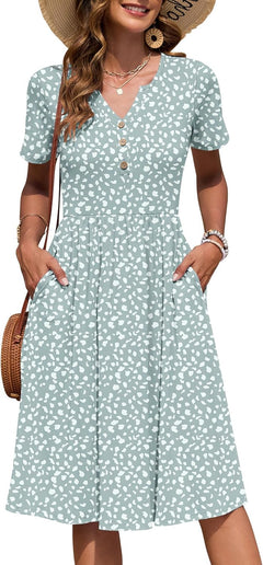 Women'S Summer Short Sleeve Dresses with Midi Empire Causal V Neck Pleated Dress with Pockets