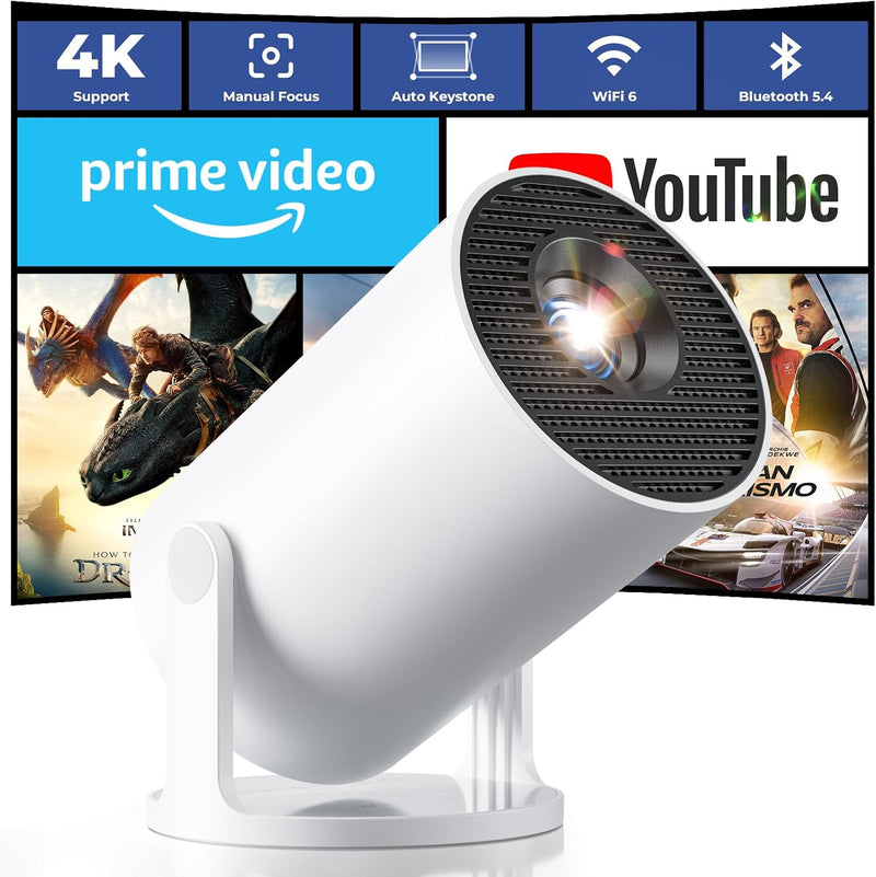 [Built-In Apps & 2026 Upgraded] Mini Projector 4K 1080P Support 20000 Lumens Portable Projector with Android 14, Auto Keystone, Wifi 6, Bluetooth 5.4, Rotatable 180° for Bedroom/Indoor/Outdoor