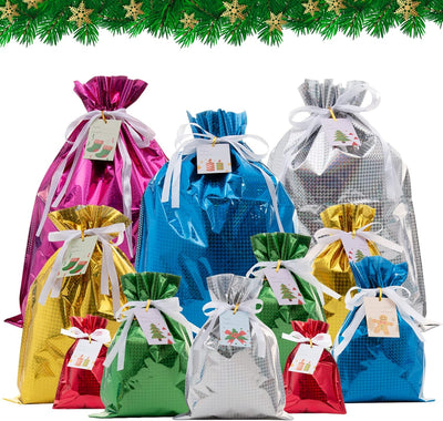 18 Pcs Reusable Christmas Drawstring Bags - Shining Foil Gift Wrap with Tags for Quick Holiday Present Wrapping, Birthdays, and Party Favors