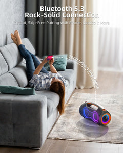 Powerful Portable Bluetooth Speakers - 200W Loud Sound & Deep Bass, RGB Party Lights, IP65 Waterproof, 24H Playtime, Dual Subwoofers & Tweeters, TWS, USB/AUX/TF Connectivity