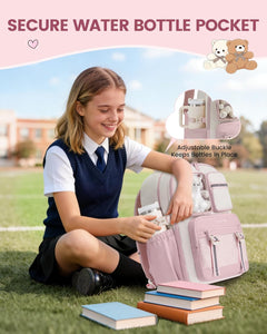 Cute School Backpack for Girls Ages 8-14, Bookbag with Plush Bear & Clear Display Pocket, Fits 15.6 Inch Laptop & 40Oz Tumbler, Back to School Backpack for Elementary & Middle School