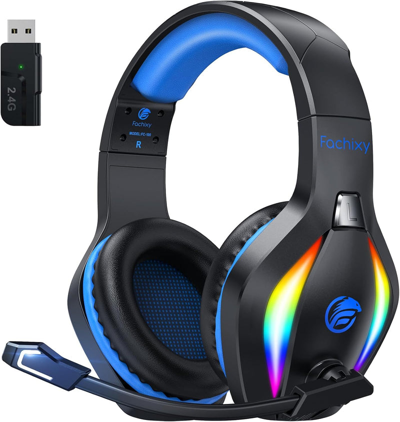 FC100 Wireless Gaming Headset with Mic - 2.4Ghz & Bluetooth Headphones, 3D Stereo Sound & 50Hrs Battery Life, for PS5, PS4, Mac, PC, Tablets, Blue
