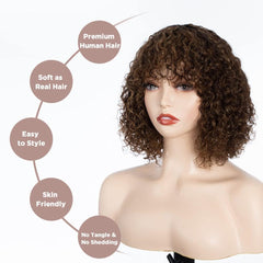 Short Curly Human-Hair Wigs with Bangs 10Inch Jerry Curl Bob Brazilian Virgin Human Hair None Lace Front for Black Women Machine Made Black Wigs