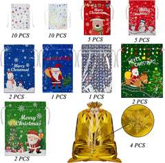 42 Pcs Christmas Drawstring Gift Bags - 10 Festive Designs in 5 Sizes for Perfect Holiday Wrapping