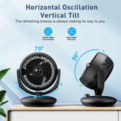 Air Circulator Desk Fan, 22 Db Quiet Fans Cooling for Bedrooms and Office, Efficient Cooling & Circulation, Powerful Airflow Table Oscillating Fan with 3 Speed, 90° Adjustable Tilt, 70° Wide-Angle