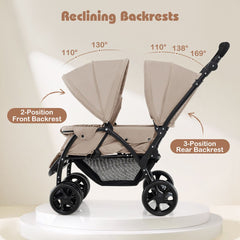Double Pushchair with Adjustable Backrest and Sunshade