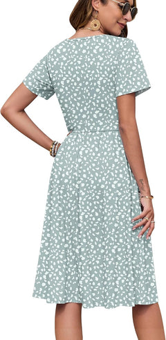 Women'S Summer Short Sleeve Dresses with Midi Empire Causal V Neck Pleated Dress with Pockets